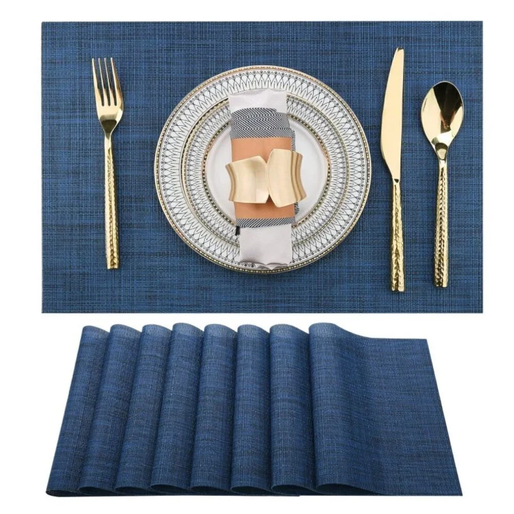NAVY PLACEMATS WASHABLE VINYL HEAT RESISTANT TABLE MATS 17X12 INCH SET OF 8